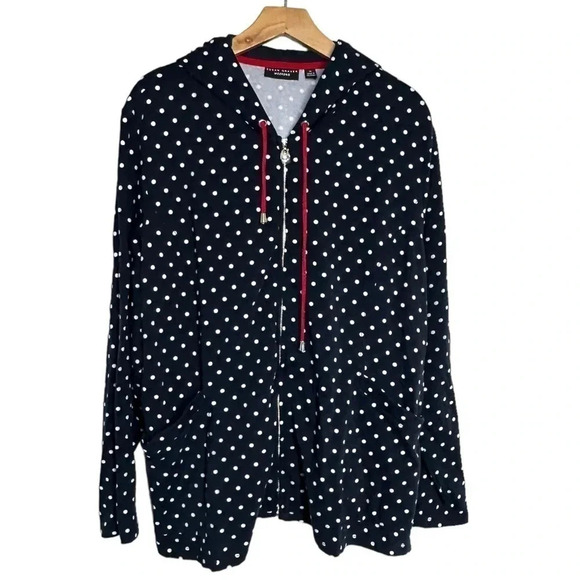 Susan Graver Weekender 1X navy & white polka dots hooded sweat jacket Preppy - Picture 3 of 6